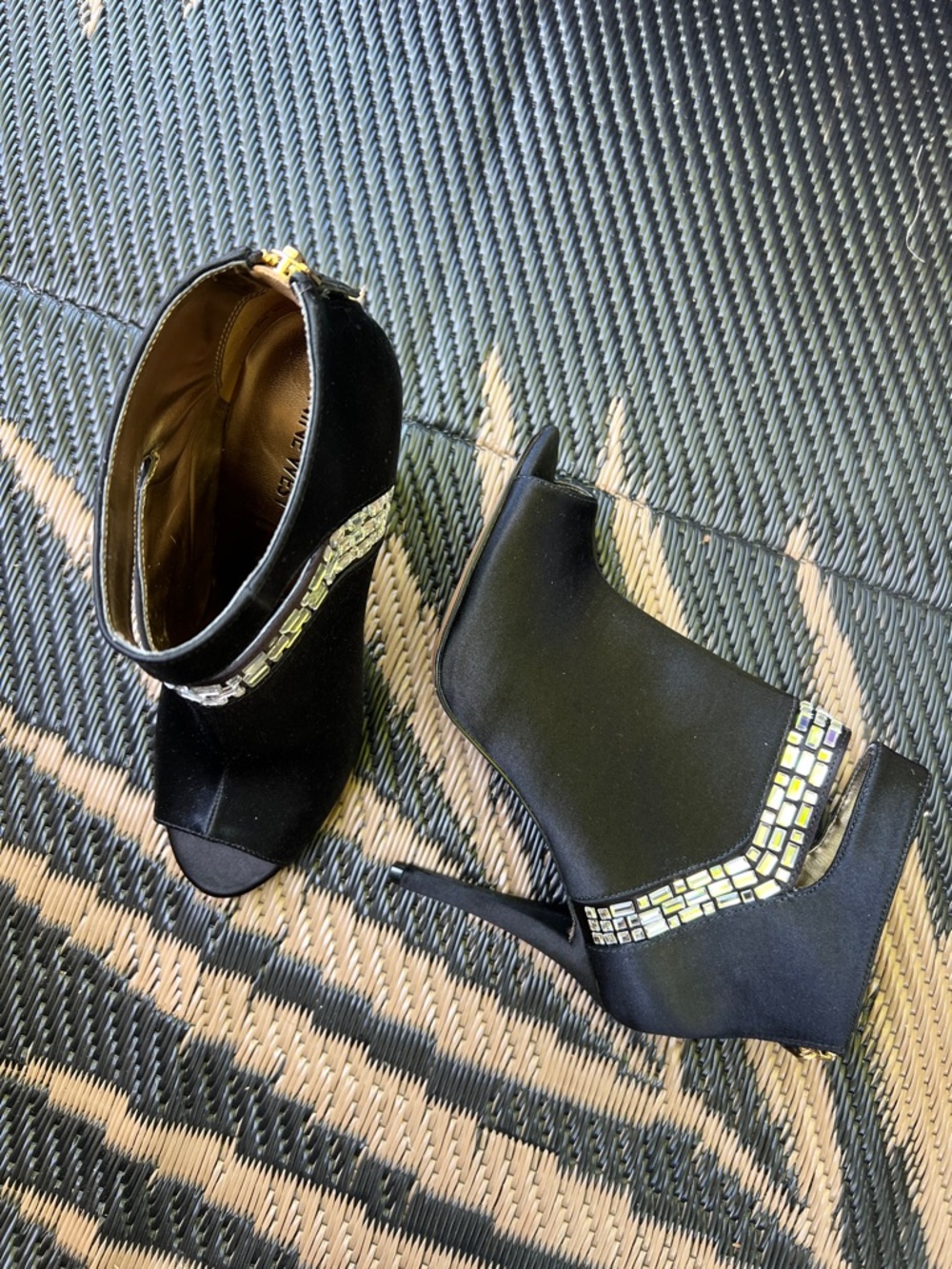 Nine West Black Peep-Toe Stiletto Booties with Mosaic Trim